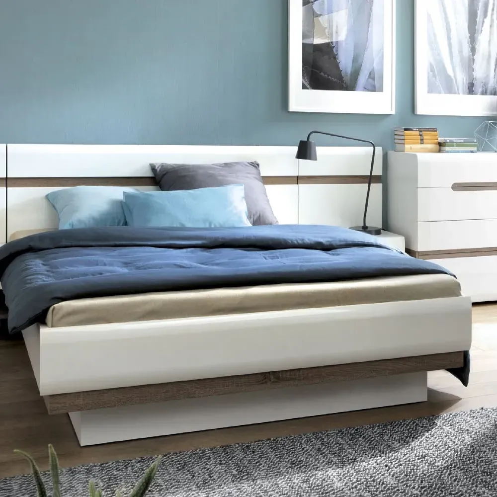 Cheya High Gloss Ottoman King Size Bed - White, Truffle Oak