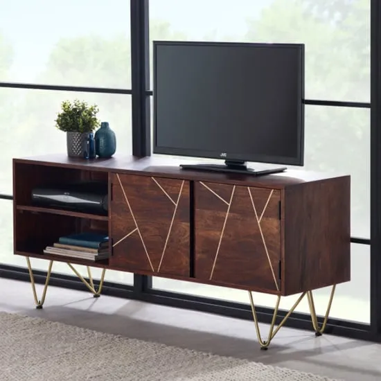 Chort TV Stand with 2 Doors - Dark Walnut, Mango Wood