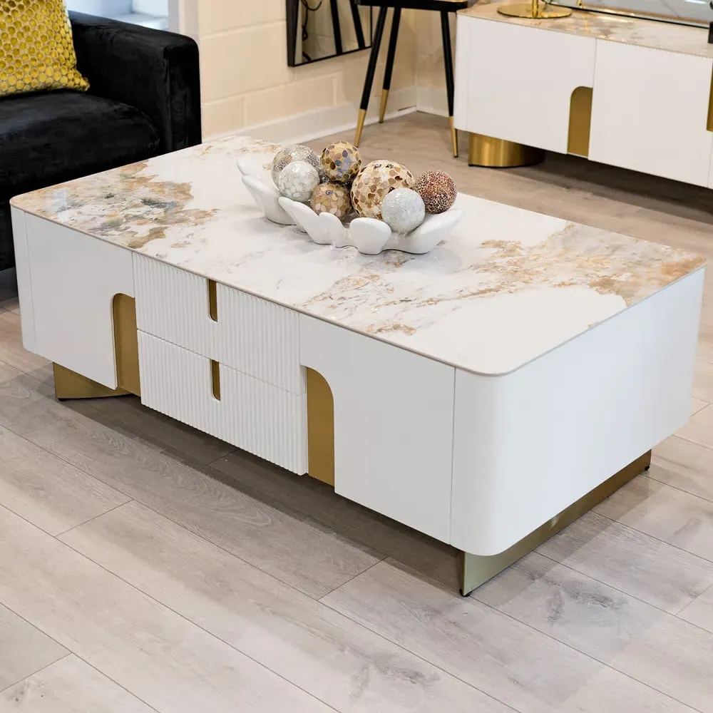 Chorzow Coffee Table with Storage - White, Marble