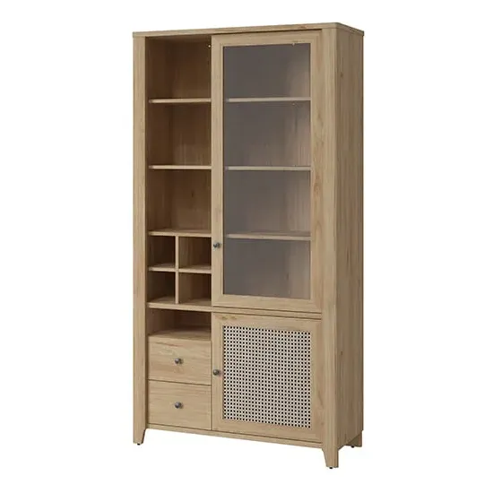 Cicero Display Cabinet with 2 Doors 2 Drawers - Oak, Rattan Effect