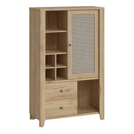 Cicero Highboard with 1 Door 2 Drawers - Oak, Rattan Effect
