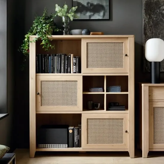 Cicero Highboard with 3 Sliding Doors - Oak, Rattan Effect