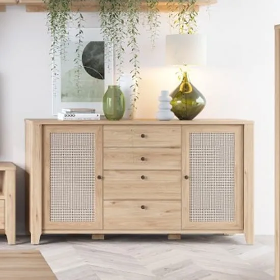 Cicero Sideboard with 2 Doors 4 Drawers - Oak, Rattan Effect