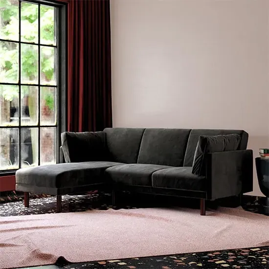 Claire Velvet Sectional Sofa Bed with Dark Wooden Legs - Black