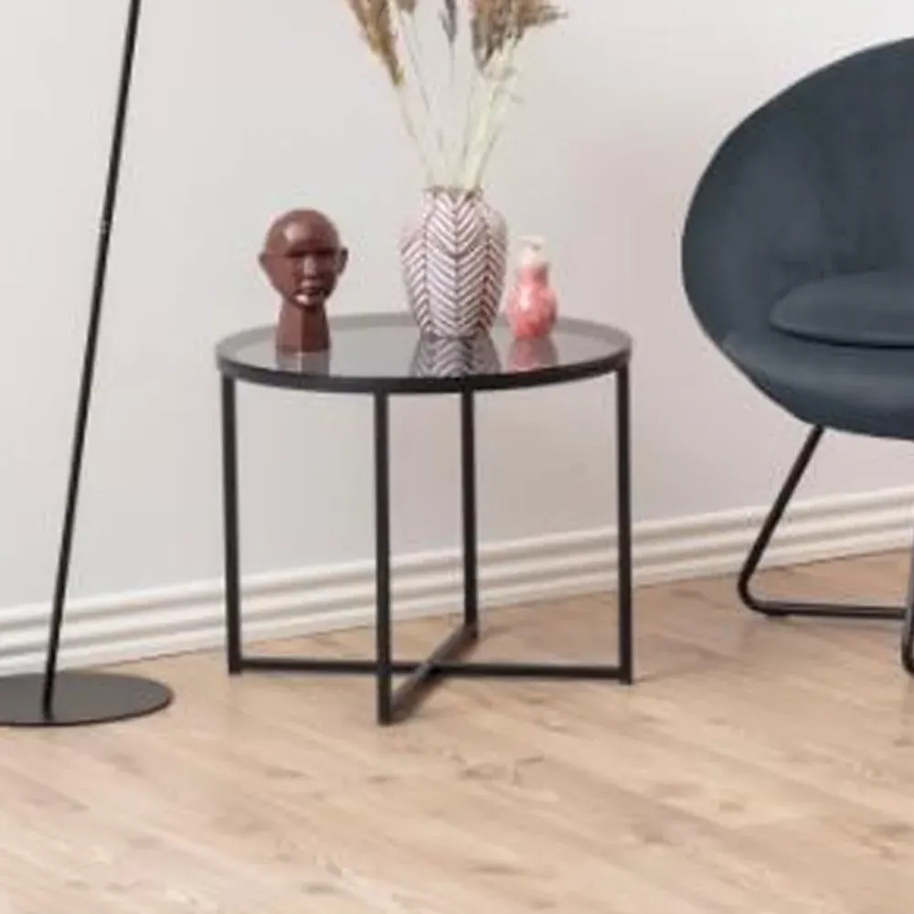 Coeur Round Side Table with X-Frame - Black, Smoked Glass image