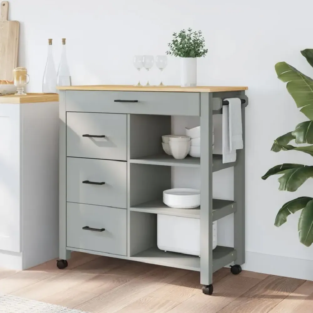 Coimbra Kitchen Trolley with 4 Drawers - Grey, Pine Wood