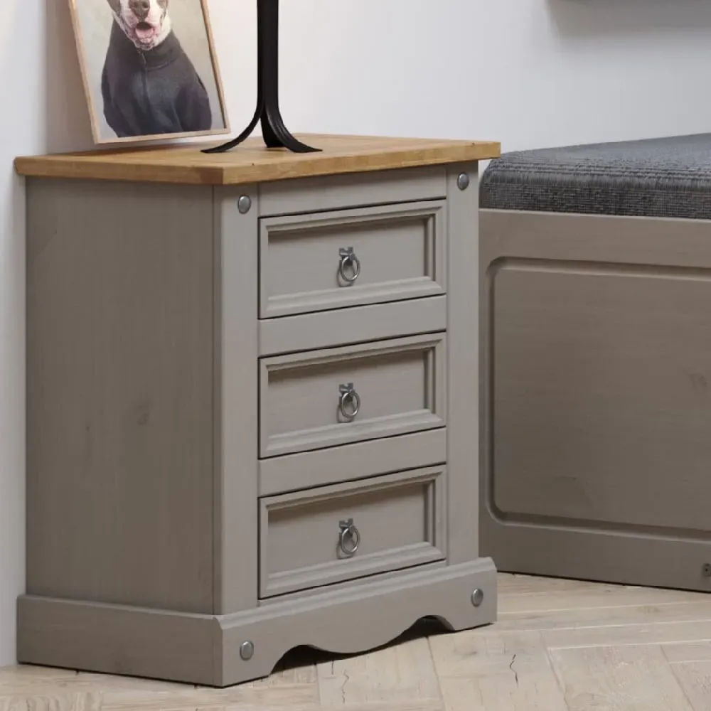 Consett Bedside Cabinet with 3 Drawers - Grey, Oak