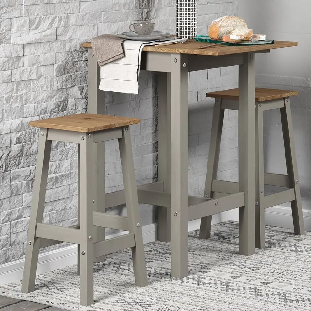 Consett Drop Leaf Breakfast Table with 2 High Stools - Grey, Oak