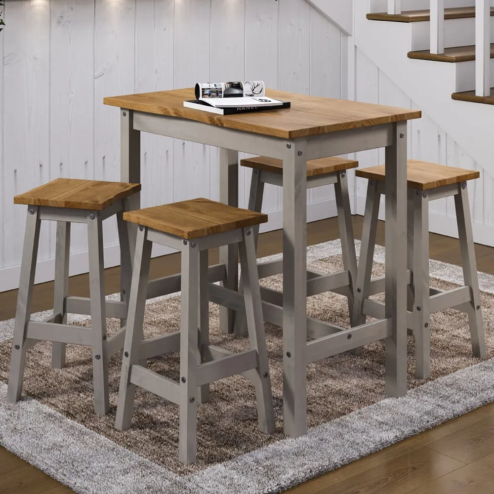 Consett Large Bar Table with 4 Stools - Grey, Oak