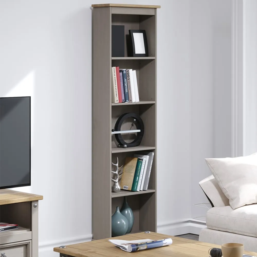 Consett Narrow Bookcase with 5 Shelves - Grey, Oak