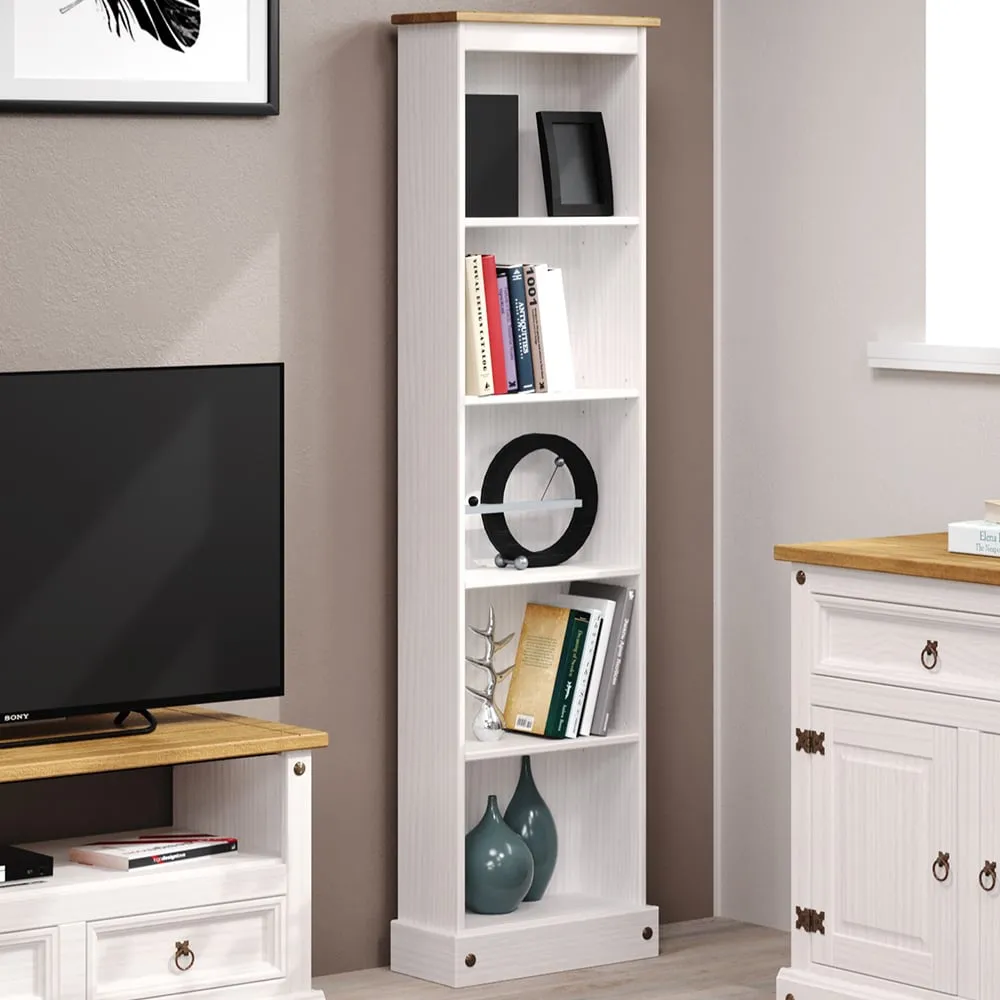 Consett Narrow Bookcase with 5 Shelves - White, Oak