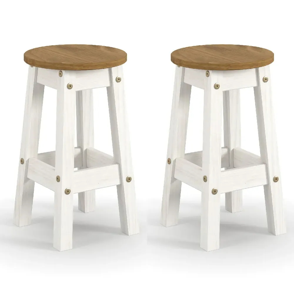 Consett Round Bar Stools in Pair - White, Oak
