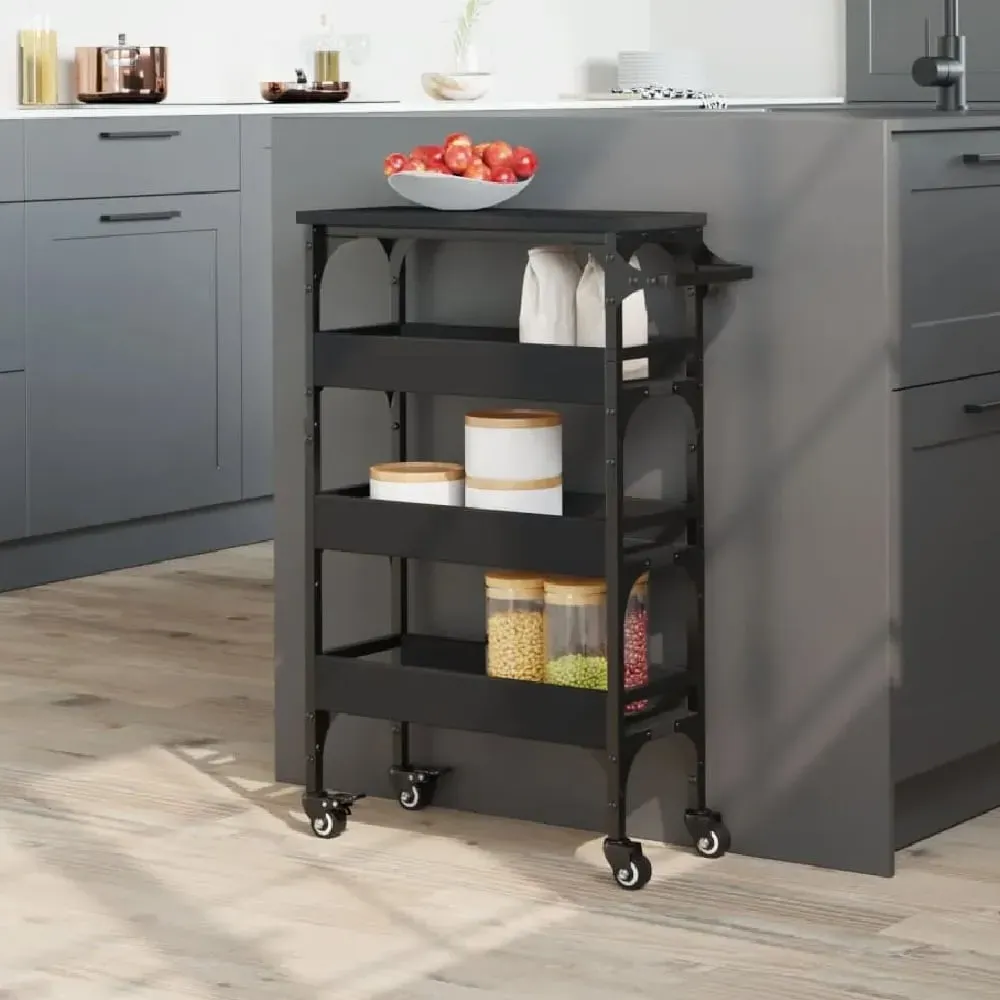 Coralville 3-Shelf Kitchen Trolley with Wheels - Black