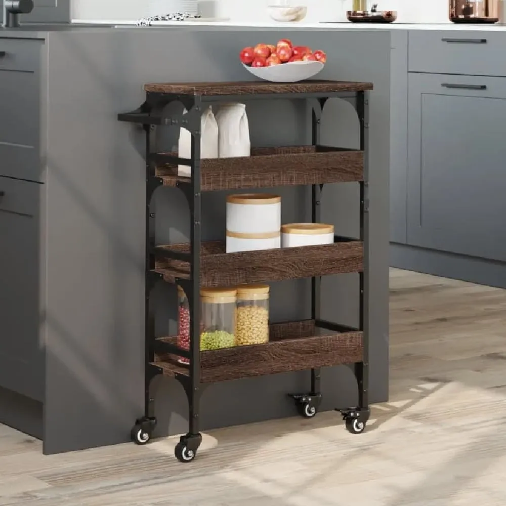Coralville 3-Shelf Kitchen Trolley with Wheels - Brown Oak