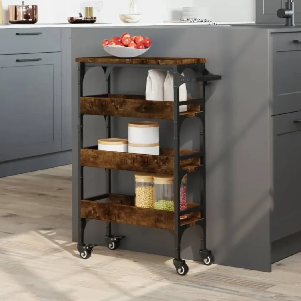 Coralville 3-Shelf Kitchen Trolley with Wheels - Smoked Oak