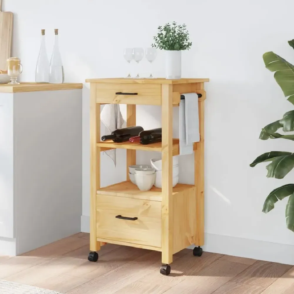 Corinth Kitchen Trolley with 2 Drawers - Brown, Pine