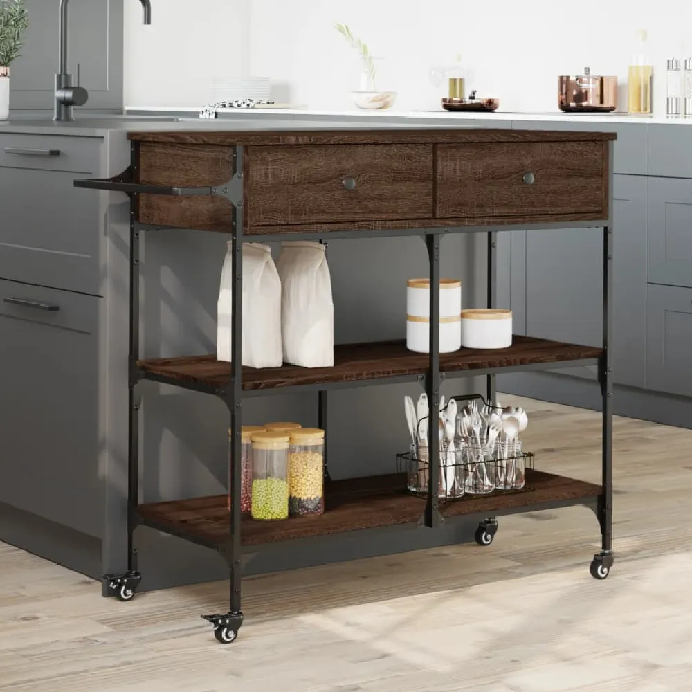 Cornelius Kitchen Trolley with 2 Drawers - Brown Oak, Wood product