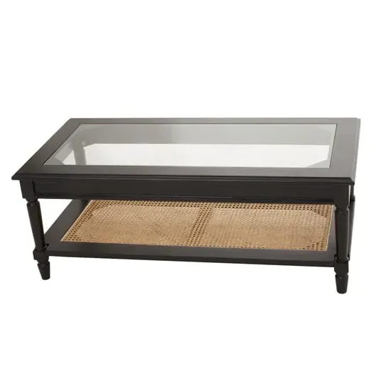 Corson Clear Glass Coffee Table with Rattan Undershelf - Black image
