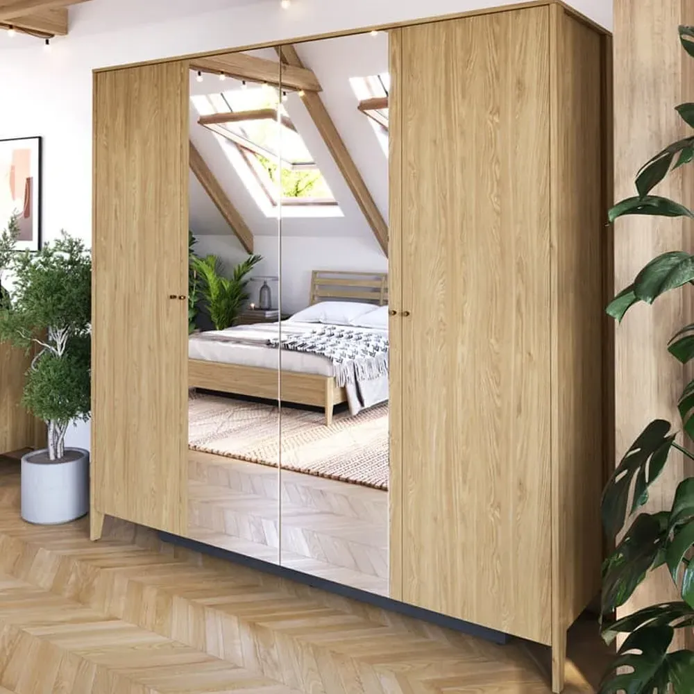 Cortez 4-Door Wardrobe with Mirrors - Oiled Oak