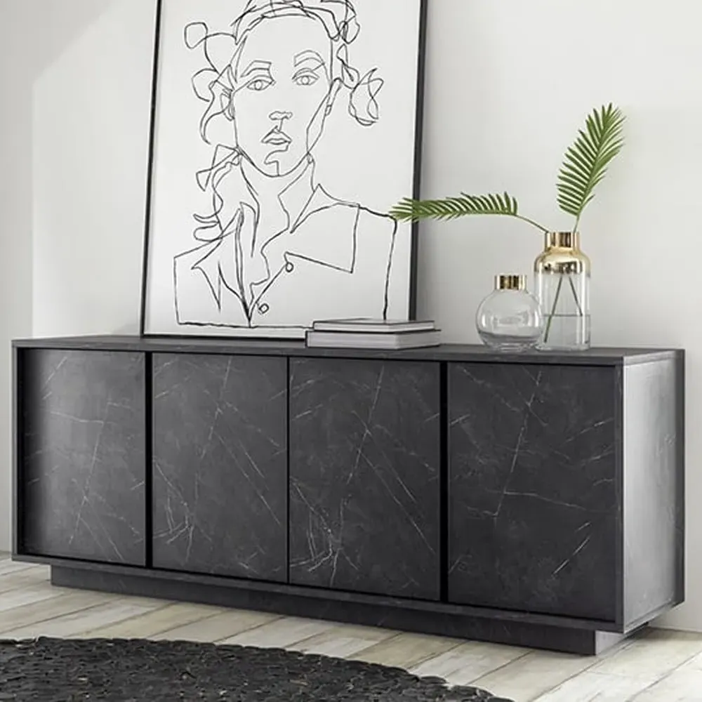 Corvi 4-Door Sideboard - Black, Marble Effect