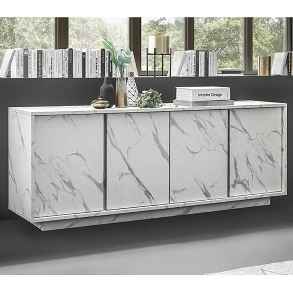 Corvi 4-Door Sideboard - White, Marble Effect