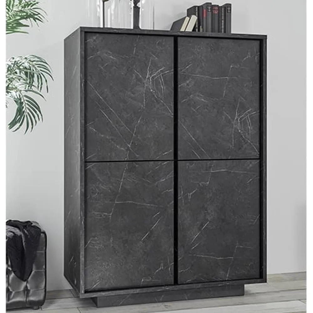 Corvi Highboard with 4 Doors - Black Marble Effect, Wood