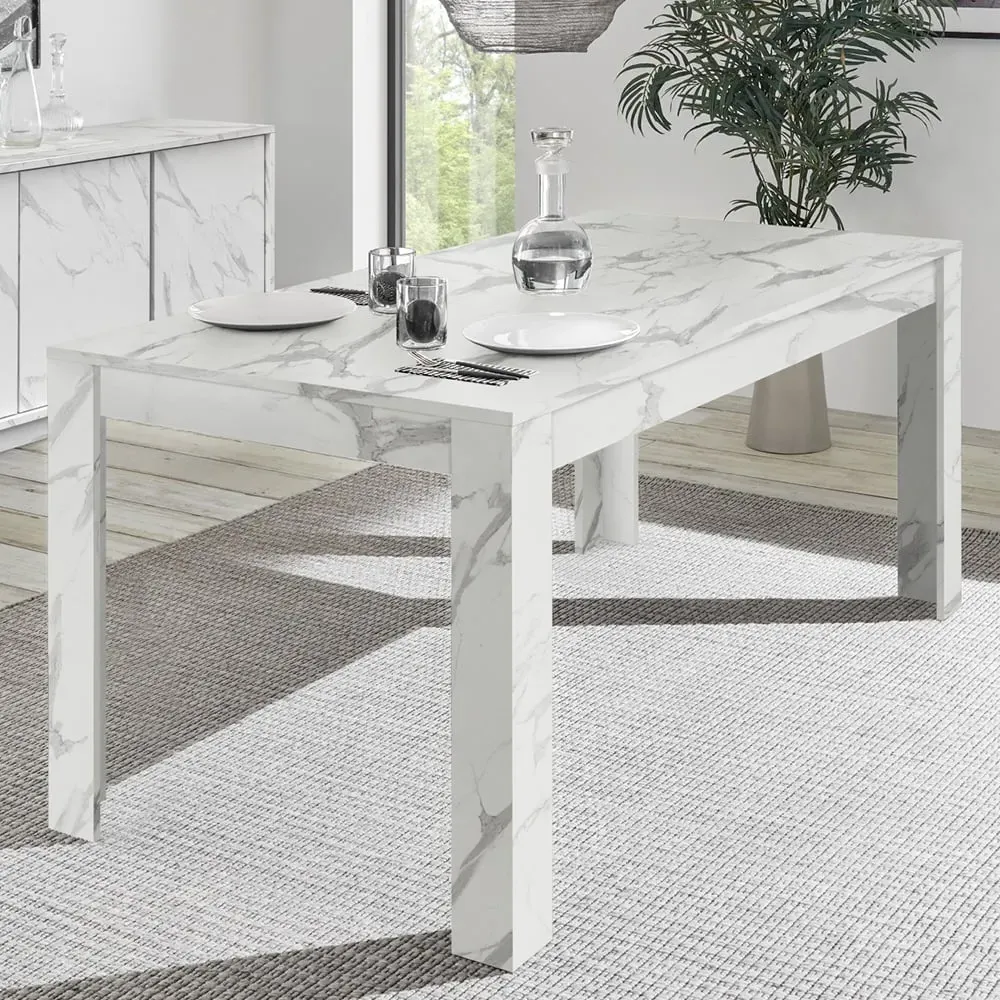 Corvi Rectangular Dining Table - White Marble Effect, Wood