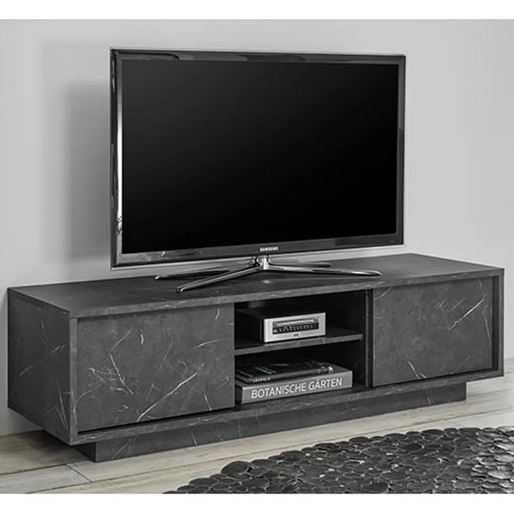 Corvi TV Stand with 2 Doors - Black Marble Effect, Wood