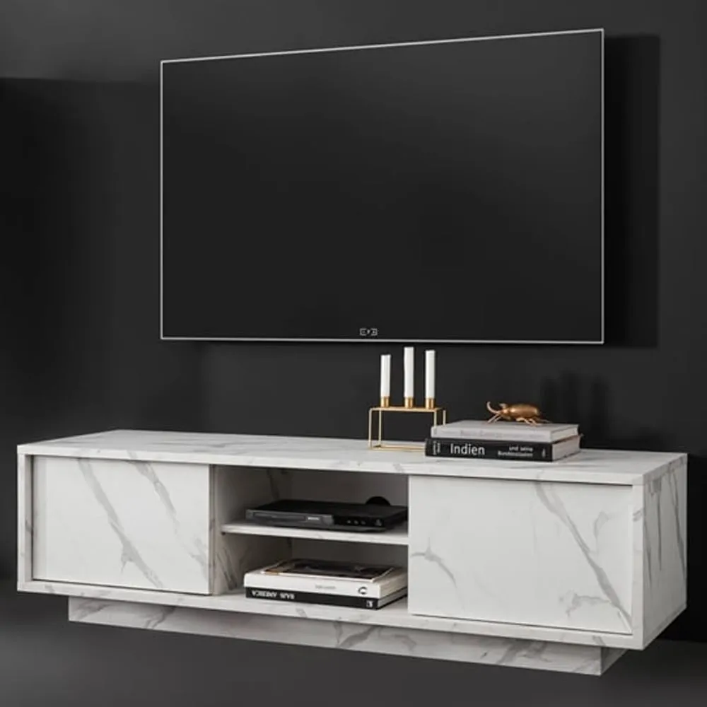 Corvi TV Stand with 2 Doors - White Marble Effect, Wood