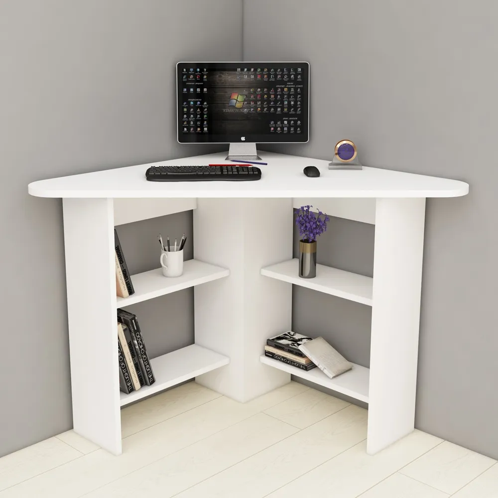 Corviano Corner Computer Desk with 4 Shelves - White, Particle Board product