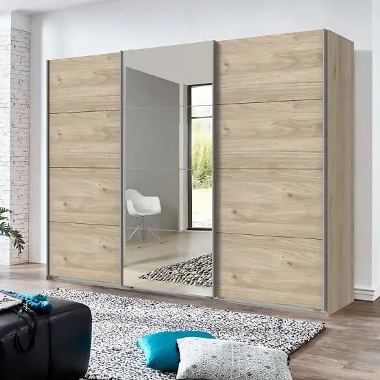 Crato Large Sliding Mirrored Wardrobe - Hickory Oak