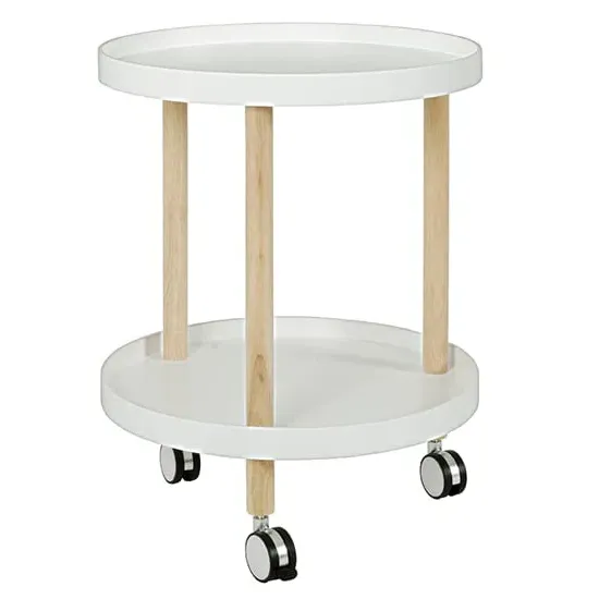 Creek Round Side Table on Castors - White, Natural Wood