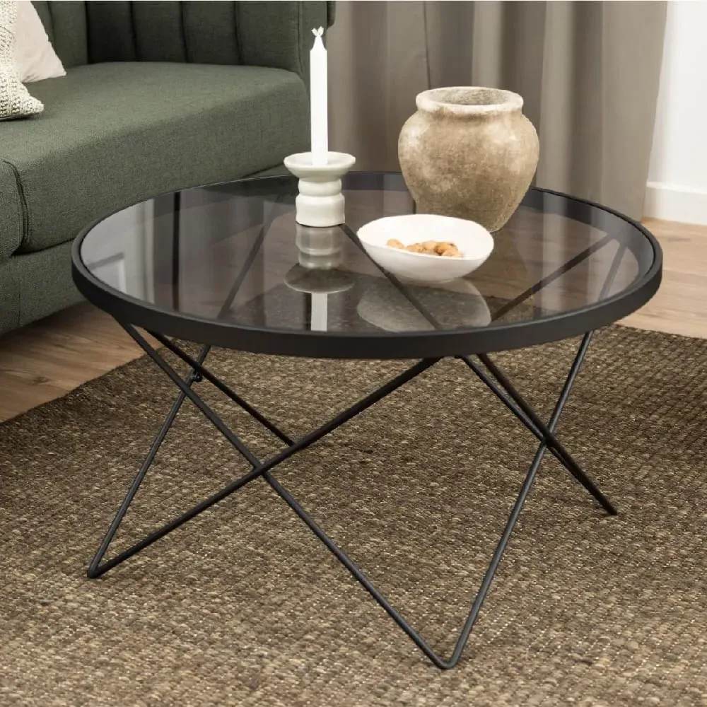 Crete Round Coffee Table - Black, Smoked Glass
