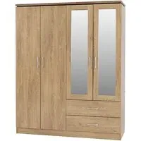 Crieff 4-Door Mirrored Wardrobe with 2 Drawers - Oak