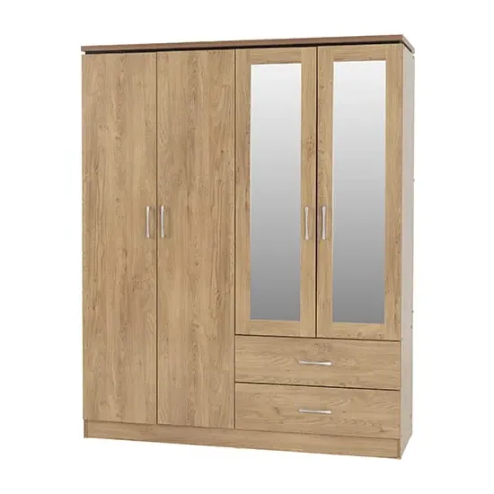 Crieff 4-Door Mirrored Wardrobe with 2 Drawers - Oak