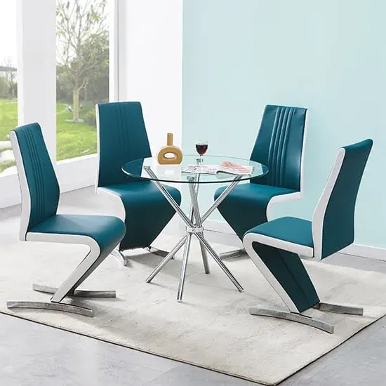 Criss Cross Round Dining Set with 4 Gia Chairs - Teal, Glass