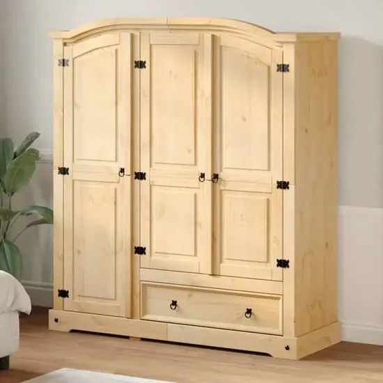 Croydon 3-Door Wardrobe with Drawer - Brown, Pine Wood