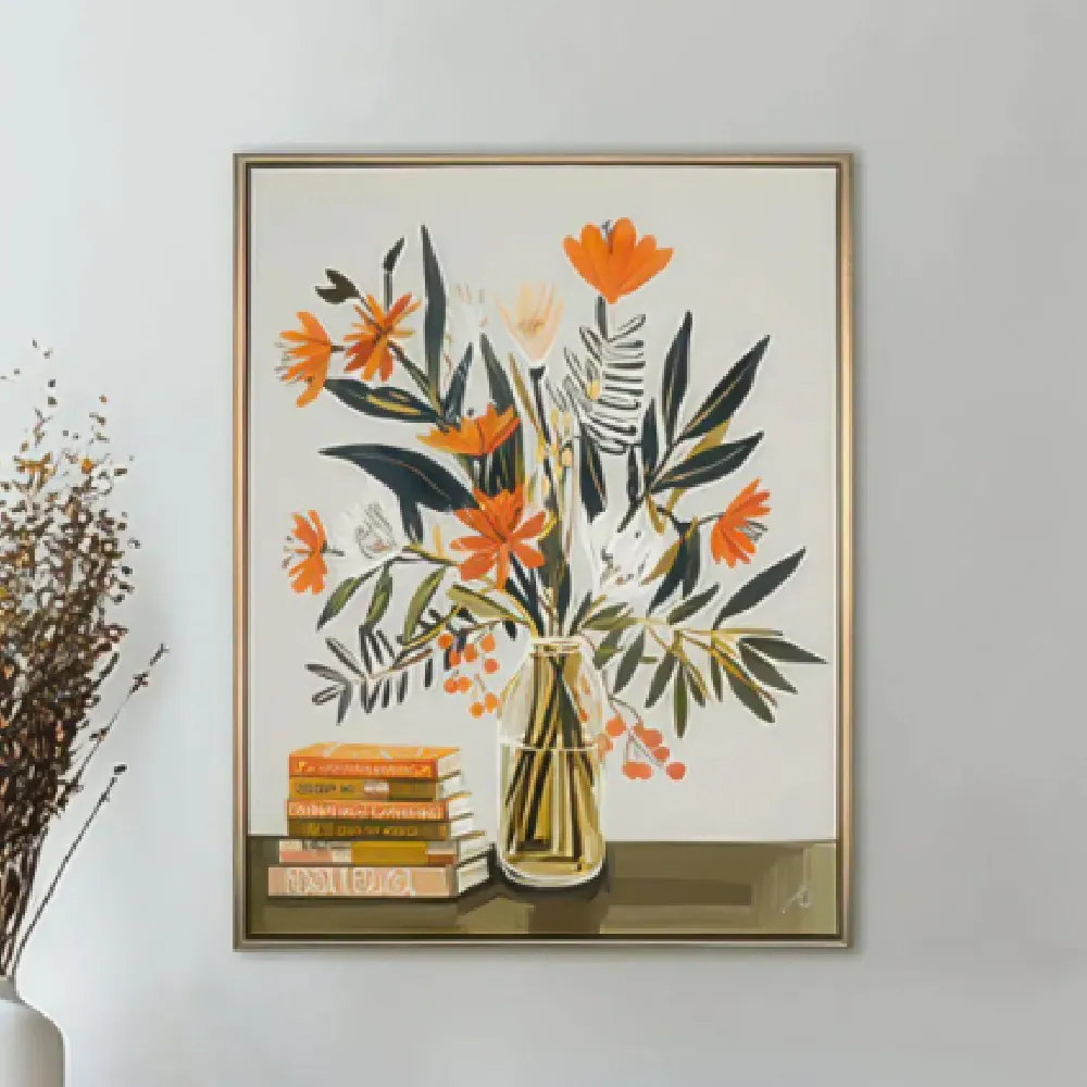 Cullman Floral Wall Art in Oak Frame - Orange, Canvas product