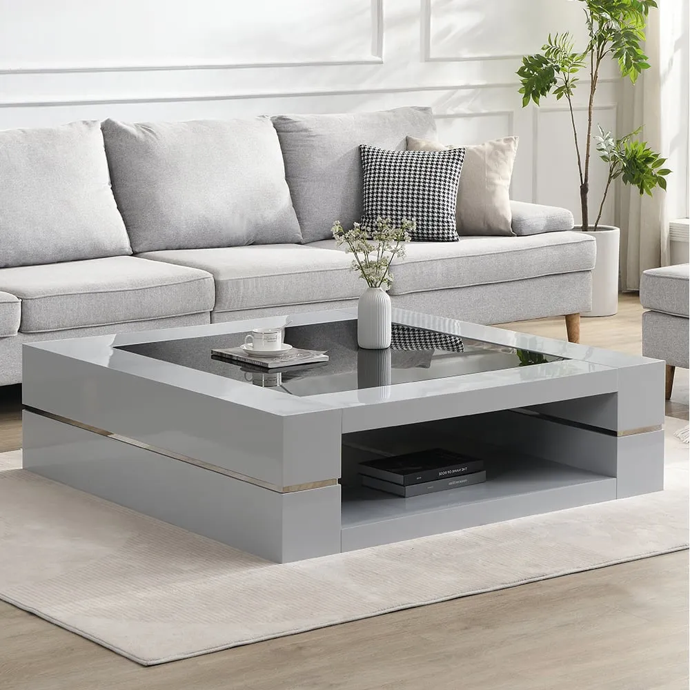 Cyndy Coffee Table with Black Glass Top - Grey, High Gloss image