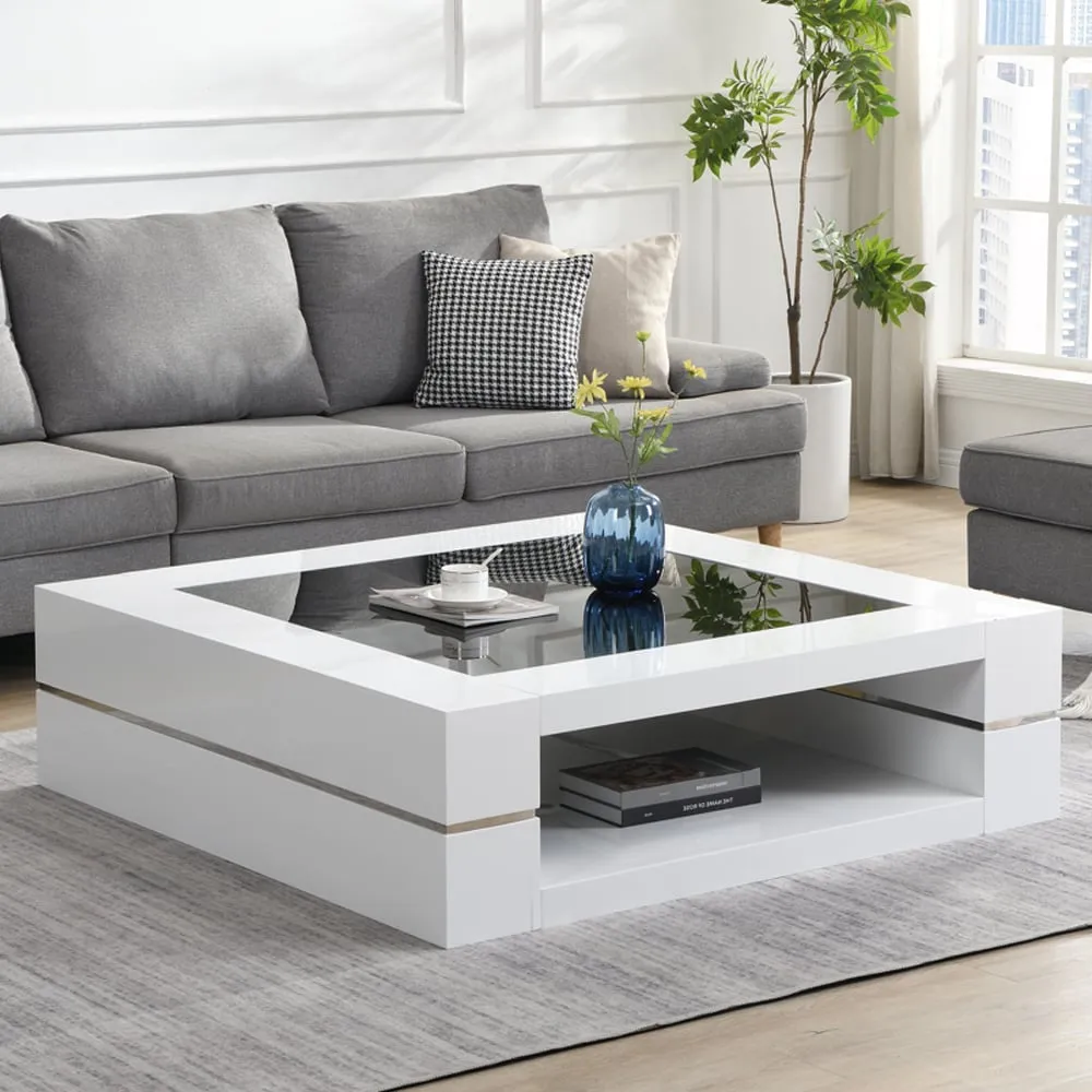 Cyndy Coffee Table with Black Glass Top - White, High Gloss