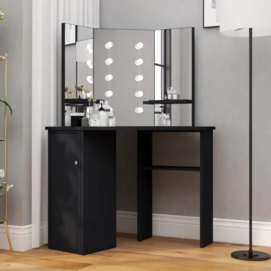 Dagna Corner Dressing Table with LED Lights - Black