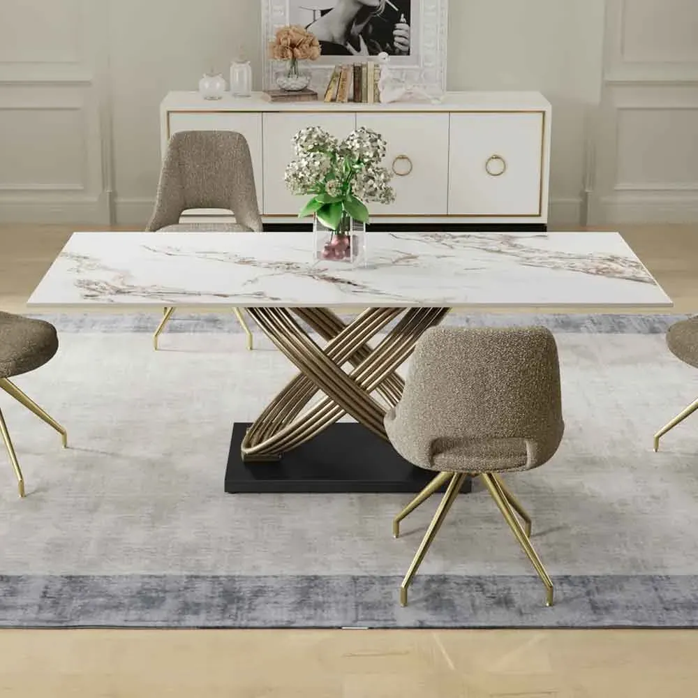 Dalviro Ceramic Dining Table - White Gloss, Metal product