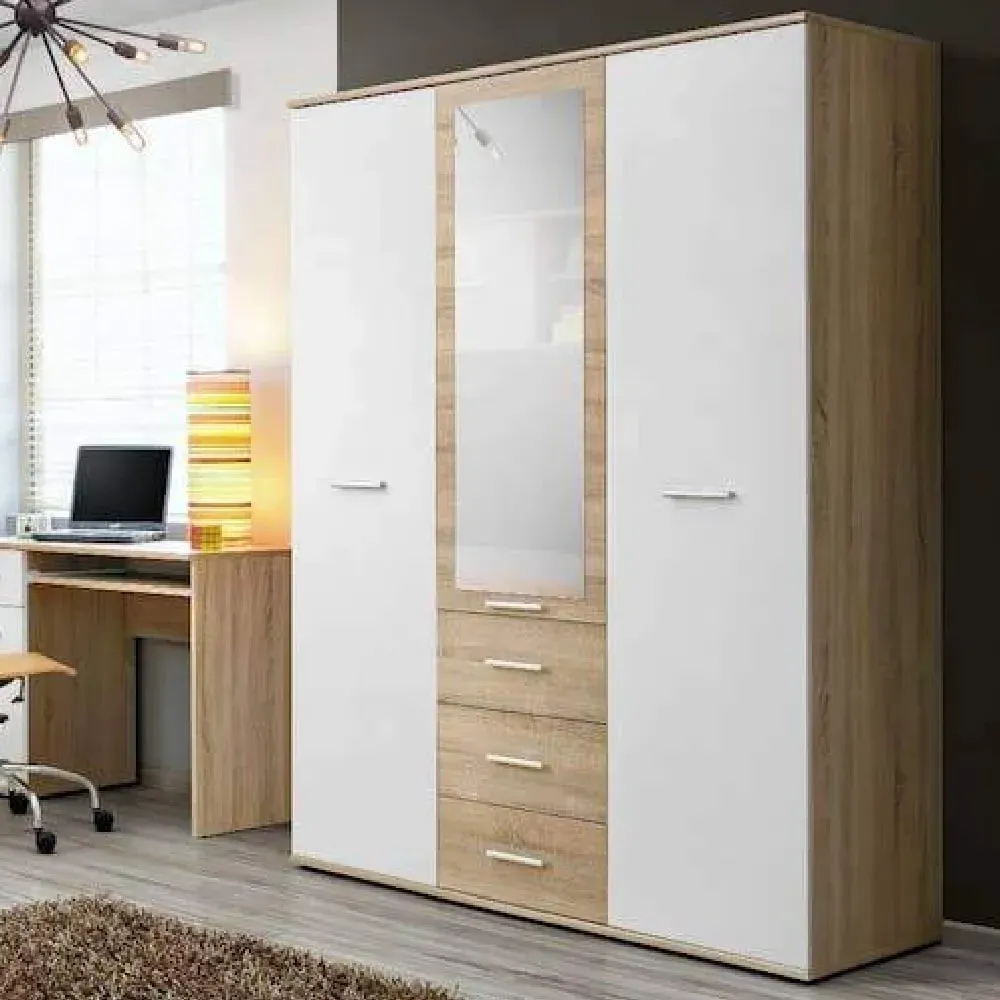 Dania 3-Door Wardrobe with Mirror - White, Oak