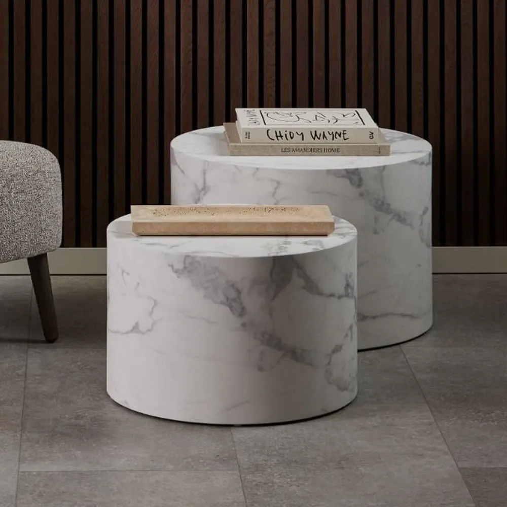 Dania Round Nesting Coffee Tables - White, Marble Effect