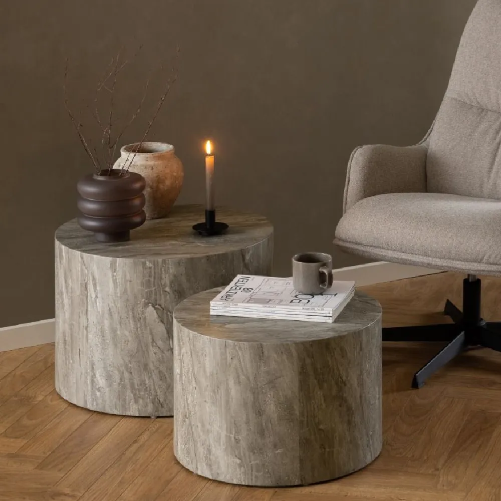 Dania Set of 2 Round Coffee Tables - Grey Marble Effect, Wood product