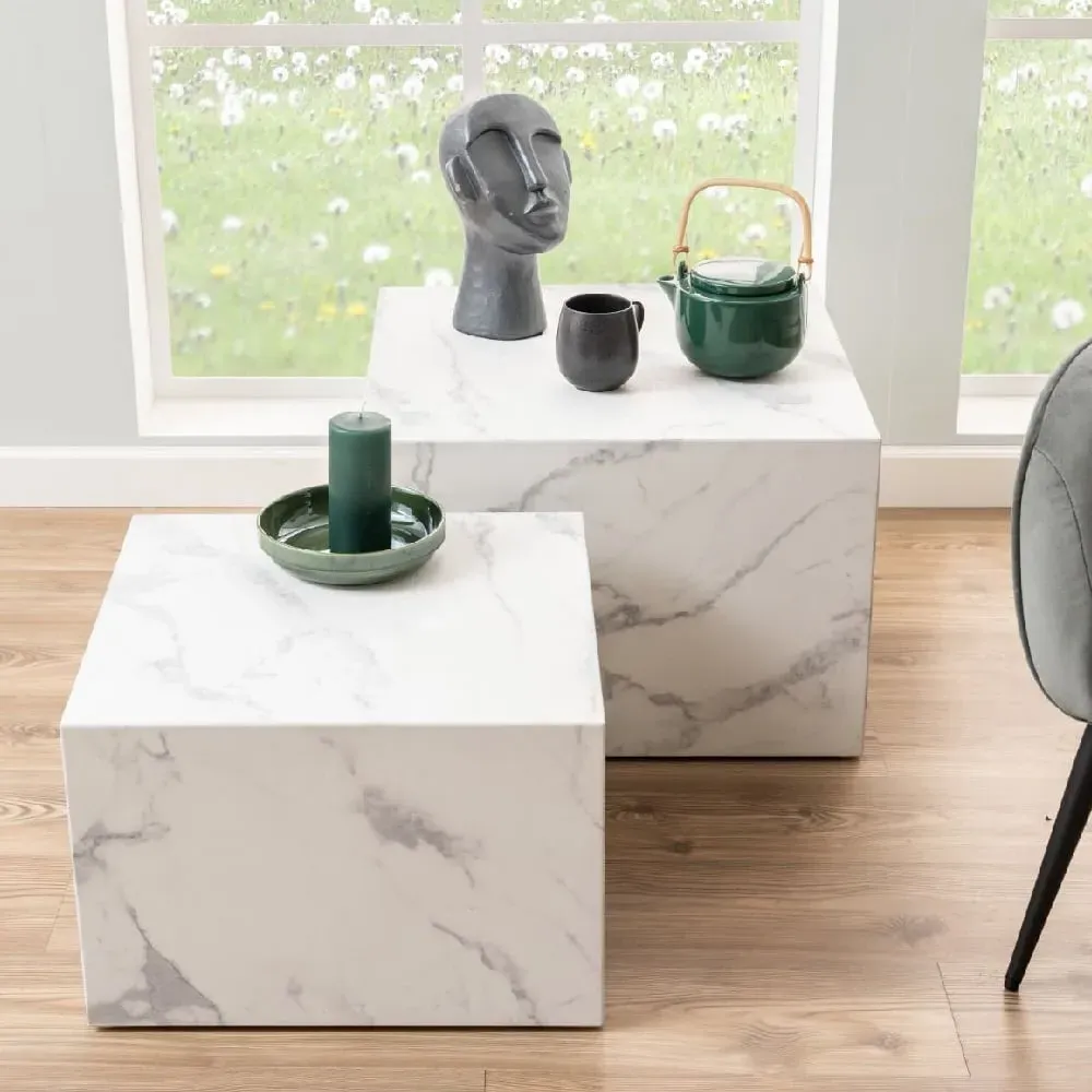 Dania Square Coffee Table Set of 2 - White Marble Effect