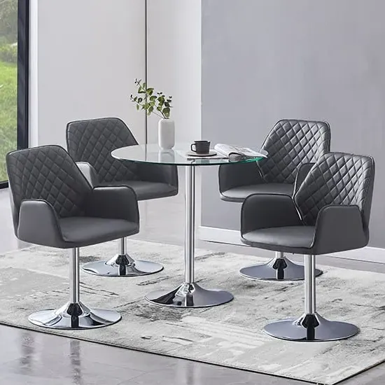 Dante Round Dining Table with 4 Bucketeer Chairs - Grey, Glass