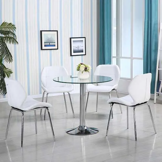 Dante Round Dining Table with 4 Darcy Chairs - White, Glass