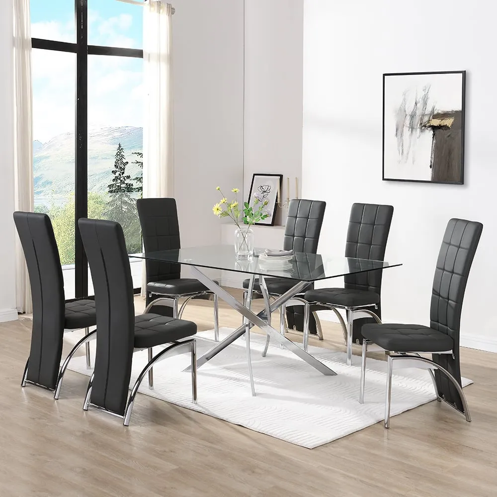 Daytona Large Glass Dining Table with 6 Ravenna Chairs - Clear