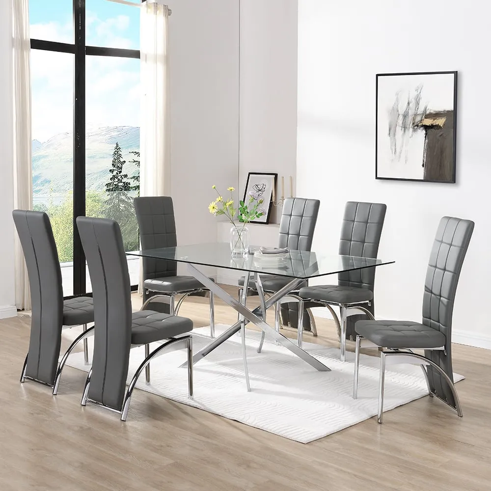 Daytona Large Glass Dining Table with 6 Ravenna Chairs - Grey